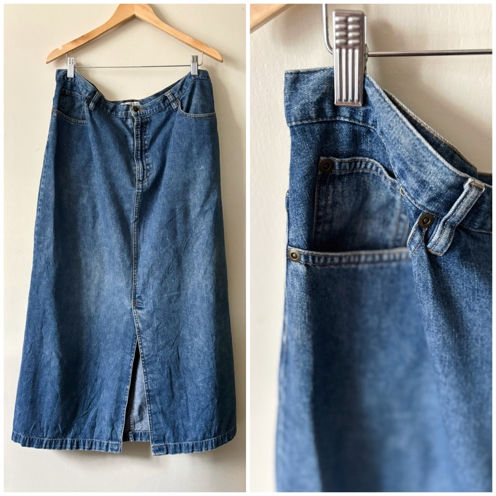 Vintage 90s Covington 100%‎ Cotton Maxi Length Blue Denim Skirt With Front Slit